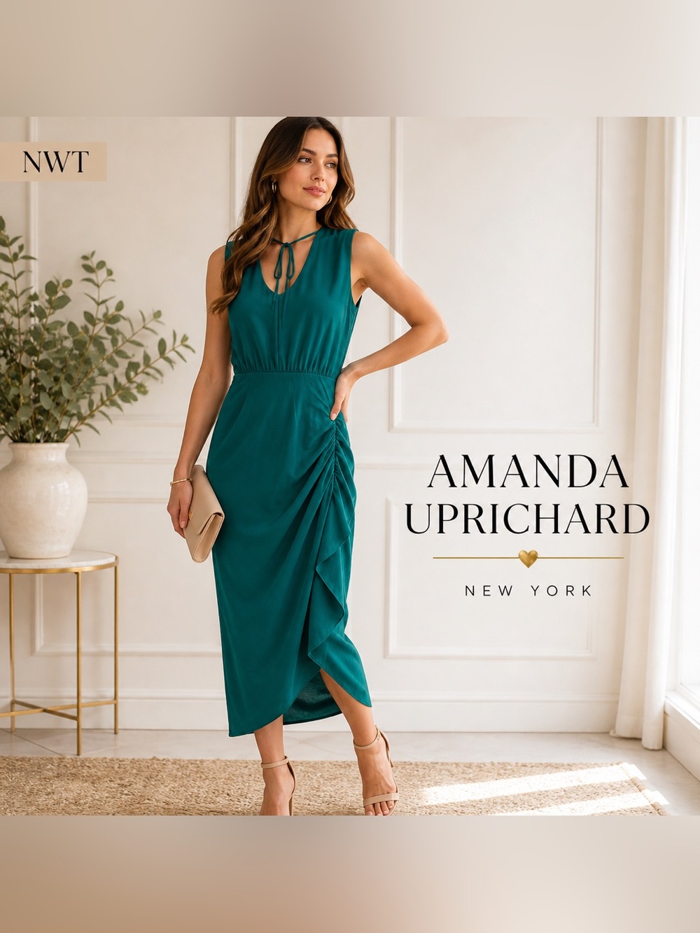 Amanda Uprichard Teal Ruched Midi Dress NWT Size S Elegant Draped Cocktail